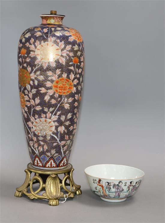 A Japanese Imari lamp and a Chinese famille rose bowl Lamp 36cm high